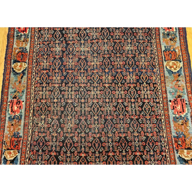 Antique Persian Senneh Area Rug, Hand-Knotted Wool, Herati Pattern & Gol Farang Border, Navy & Light Blue, 4x5 For Sale - Image 13 of 18