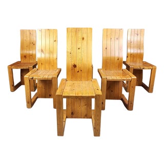 Vintage Pine Wood Dining Chairs, 1970s, Set of 6 For Sale