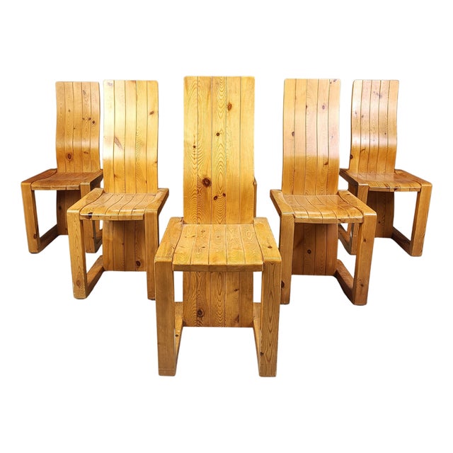Vintage Pine Wood Dining Chairs, 1970s, Set of 6 For Sale