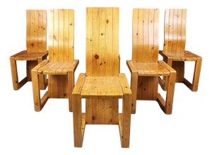 Vintage Pine Wood Dining Chairs, 1970s, Set of 6
