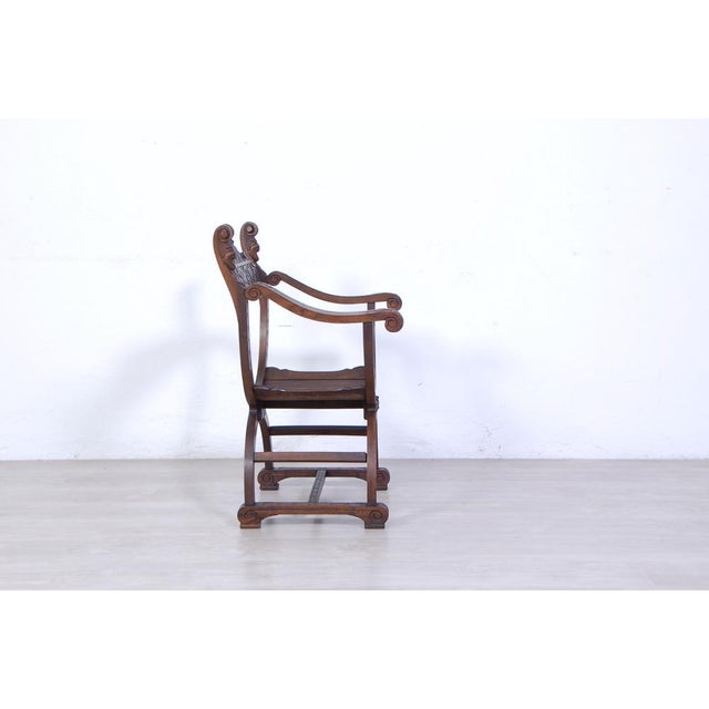 Wooden Savonarola Chair with Carved Armrest,s Late 1800s For Sale - Image 3 of 14