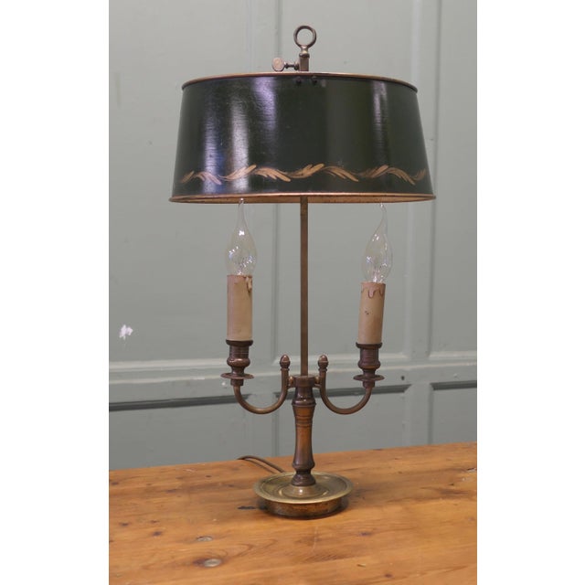 Green Toleware and Brass Twin Bouillotte Desk Lamp from France A lovely piece, a double brass sconce lamp with its...