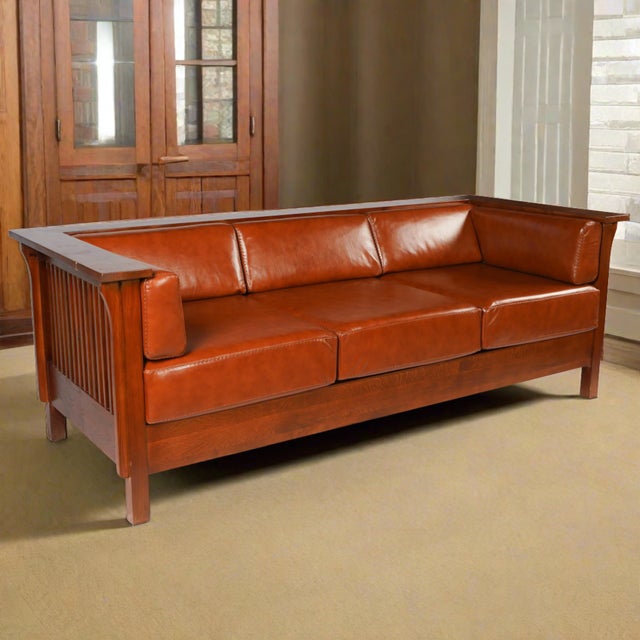 Mission / Craftsman Cubic Slat Side Sofa - Russet Brown Leather (Rb2) For Sale - Image 9 of 9