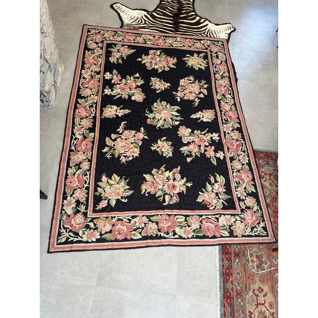 Hand Knotted Area Rug With Soft Pink & Green Flowers Against Black For Sale - Image 10 of 13