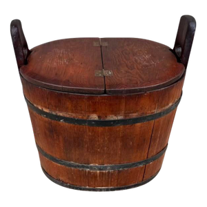 Antique Pennsylvania Pine Wash Basin Barrel With Hinged Lid, Converted to Side Table, Circa 1840s