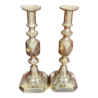 Late 19th Century Pair of Antique Brass King of Diamonds Candlesticks For Sale