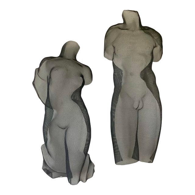 1990s Monumental Pair Eric Boyer Wire Mesh Nude Sculptures, Signed & Dated 1993/1999 – Male & Female Wall Forms For Sale