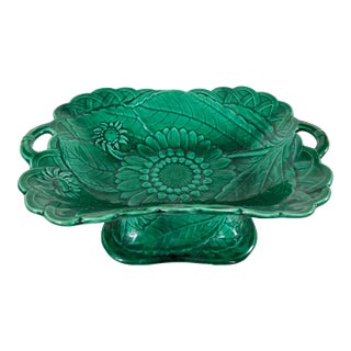Antique 19th C Large 12 3/4" Wedgewood Footed Compote Green Sunflower Leaves Motif C1860s Stamped For Sale
