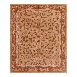 Calming Tan-Camel Background Color With Special Dragon Design Border Antique Chinese Peking Rug For Sale