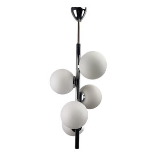 Chrome-Plated Elongated Pendant Light with Five White Opal Glass Spheres, Germany, 1970s For Sale