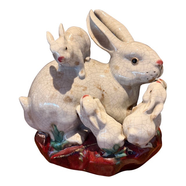 Ceramic Glazed Rabbit Family Centerpiece Majolica For Sale