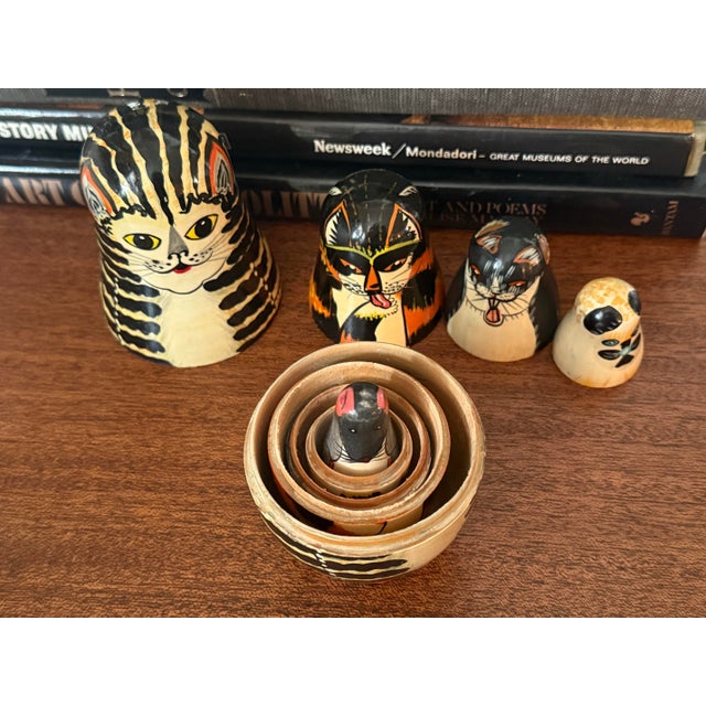 Hand-Painted Folk Art Cat and Mouse Nesting Dolls - Set of 5 For Sale - Image 9 of 11