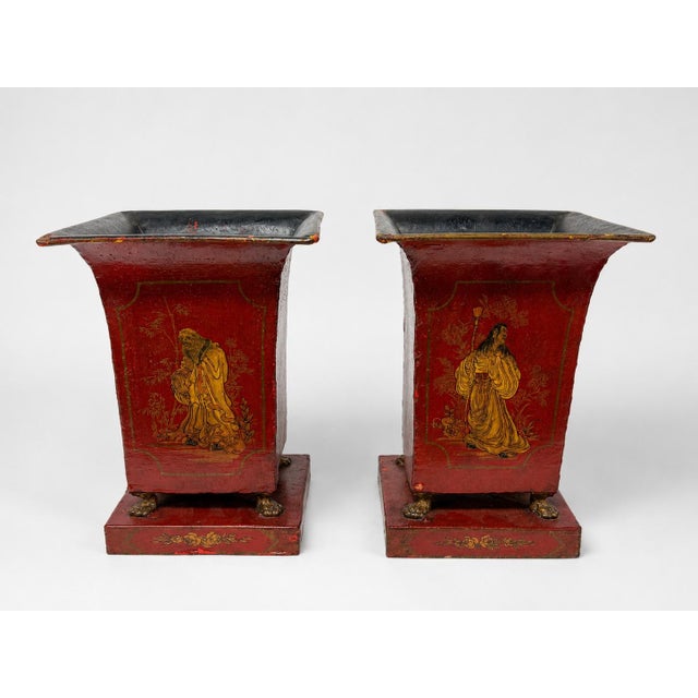 Red Pair of Large Italian Chinoiserie Decorated Red Tole Neoclassical Planters For Sale - Image 8 of 10