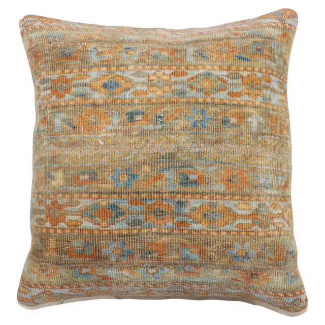 Pillow made from a Persian Malayer rug with light blue and orange accents. Measures: 17" x 18".