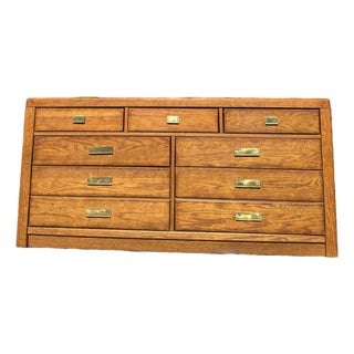 Vintage Stanley Furniture Mid-Century Modern Oak Lowboy Dresser With Brass Hardware For Sale