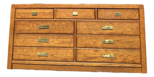 Vintage Stanley Furniture Mid-Century Modern Oak Lowboy Dresser With Brass Hardware