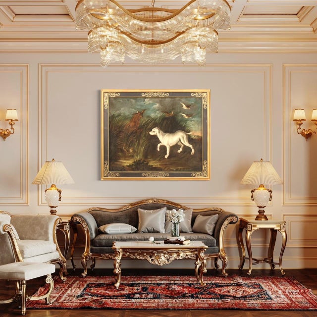 Antique French painting from 18th century. Oil on canvas framework depicting landscape with hunting dogs with partridges...
