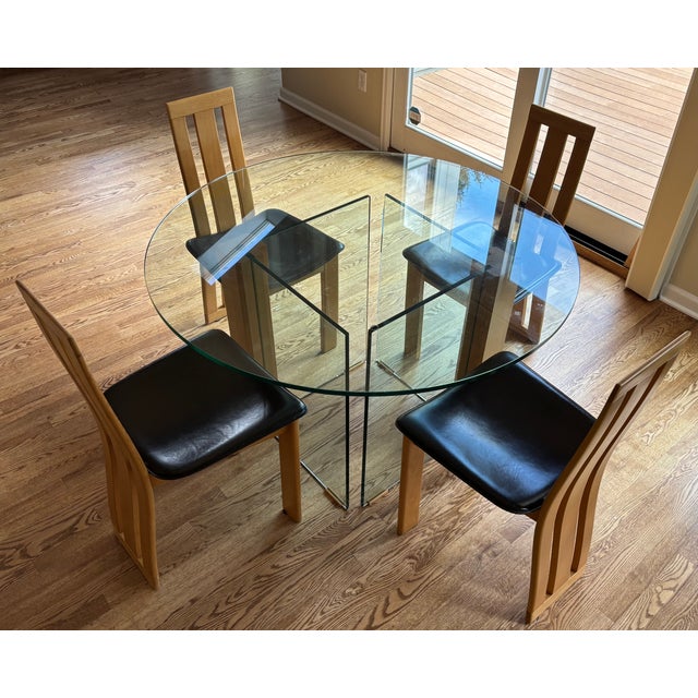 1980s Vintage Italian Glass Table With 4 Beech and Brown Leather Chairs For Sale In San Diego - Image 6 of 12