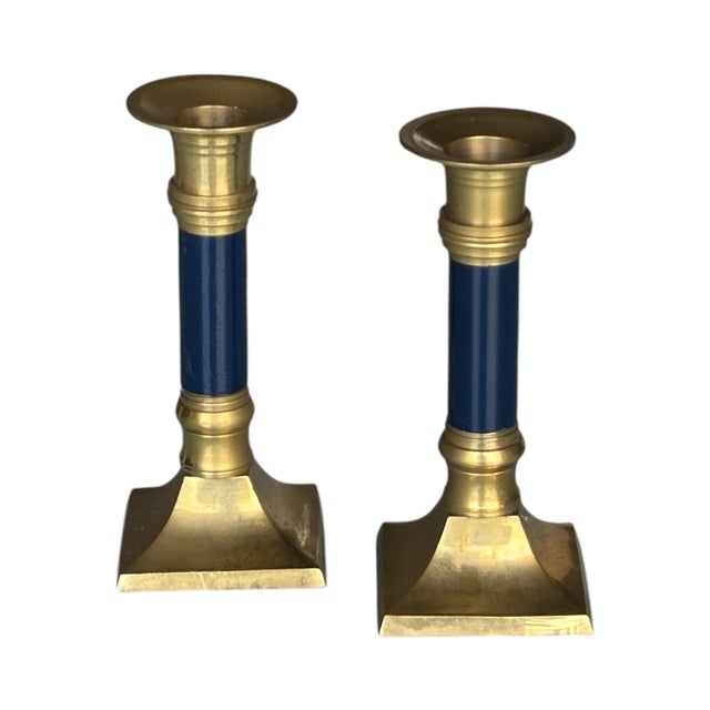 Classic candlesticks, circa 1950. Classic candlesticks, circa 1950, made of gilt brass and blue-painted wood....