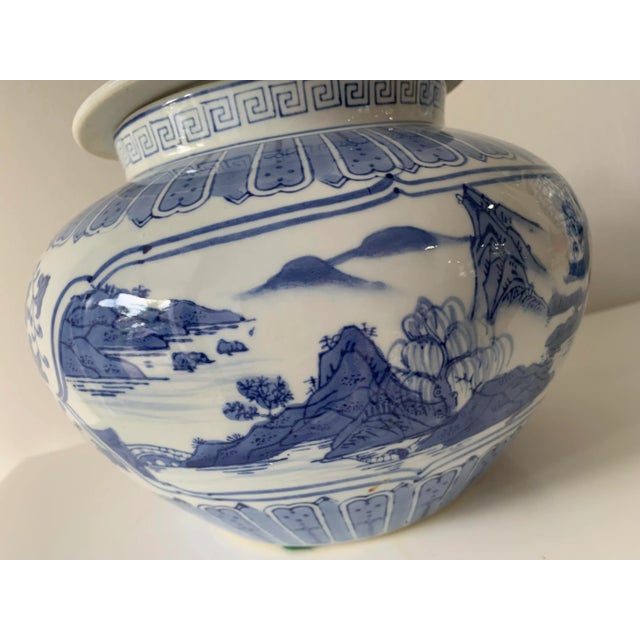 Chinese Mid 20th Century Chinese Blue and White Floral & Landscape Porcelain Lidded Urn For Sale - Image 3 of 11