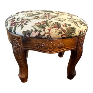 Vintage Carved Wood Footstool With Floral Tapestry Upholstery For Sale