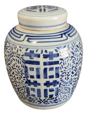 Vintage Asian Ginger Jar Blue & White Chinoiserie Double Happiness Marked