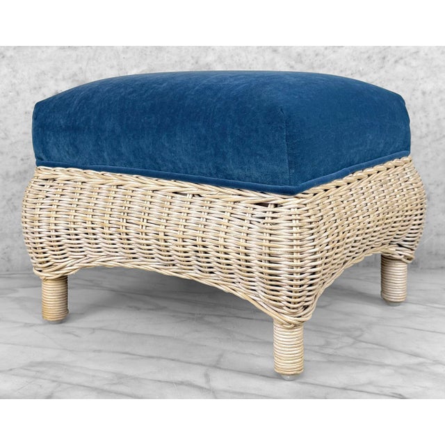Vintage 70s Coastal Natural Wicker Blue Suede Footstool Ottoman For Sale - Image 4 of 10