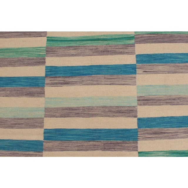 Boho Chic Kilim Blue Beige Wool Rug - 6'5" X 9'7" For Sale - Image 4 of 8