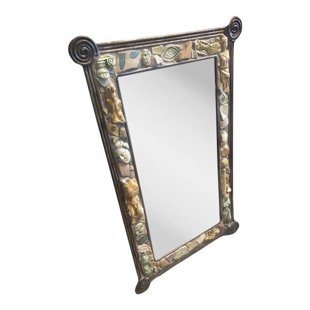 Vintage Wall Mirror Hand Forged Metal and Mixed Sculpture Pottery Pieces For Sale