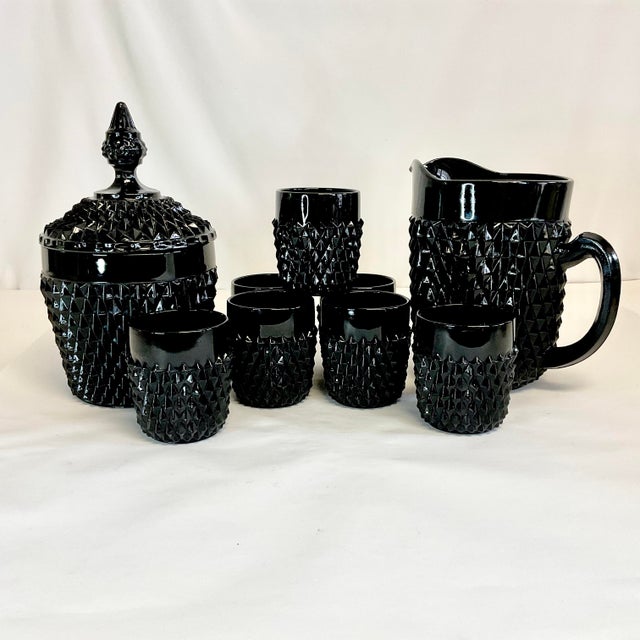 Art Deco 1940s Vintage Art Deco Indiana Glass Black Diamond Point Tiara Bar Set - 9 Pieces For Sale - Image 3 of 12