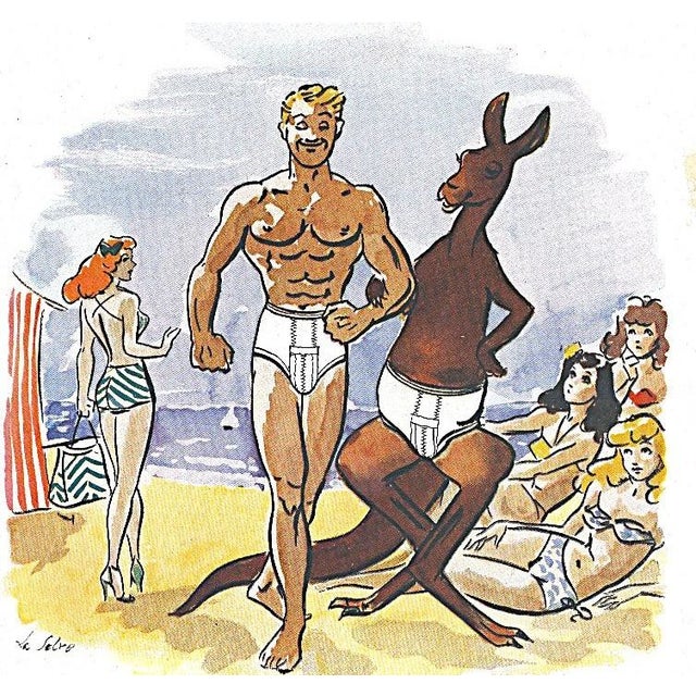 This is summer fun indeed! Perfect for those with a sense of humor. This is a 1948 Mid-Century French advertisement prints...
