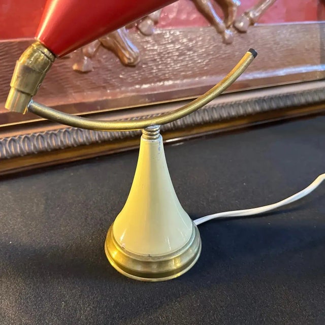 Red 1950s Stilnovo Style Mid-Century Modern Brass and Metal Cone Table Lamp For Sale - Image 8 of 8