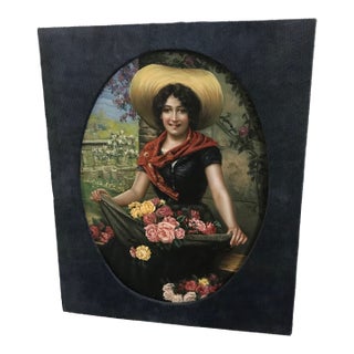 Vintage Original Oil Painting Romantic Flower Girl With Roses, Oval Presentation in Custom Fabric Mount For Sale