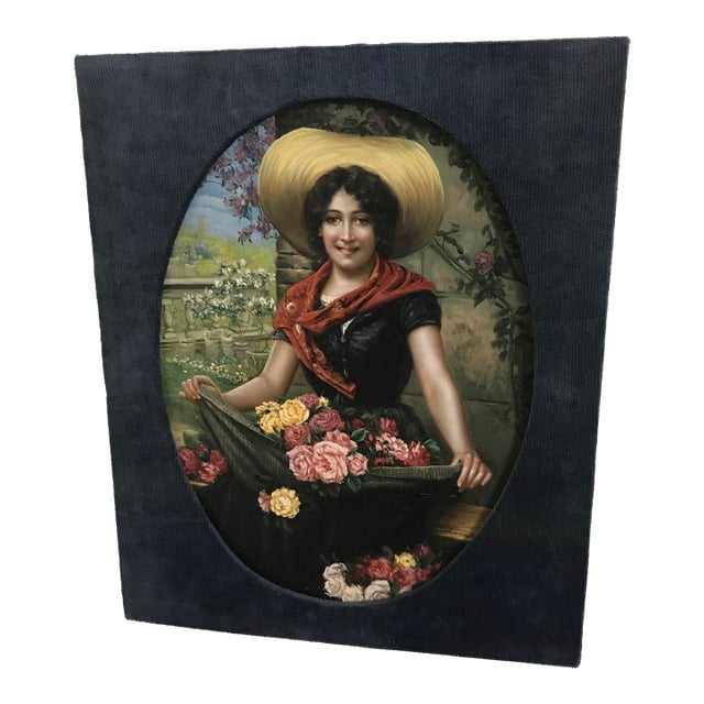 Vintage Original Oil Painting Romantic Flower Girl With Roses, Oval Presentation in Custom Fabric Mount For Sale