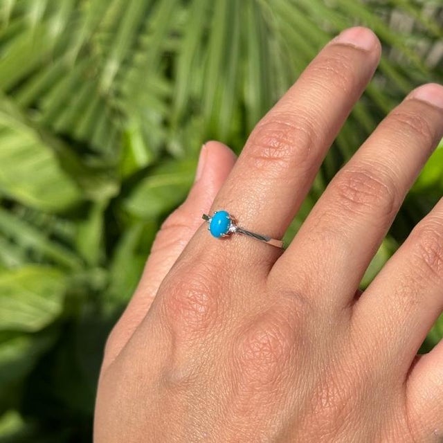 Not Yet Made - Made To Order Oval Cut Turquoise & Diamond Solitaire Three Stone Ring in 14k Gold Size 6.5 For Sale - Image 5 of 13