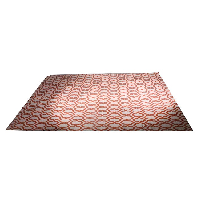 2010s Large Orange and Cream Chain Link Pattern Dhurrie Made in Nepal for the Rug Company For Sale - Image 5 of 11