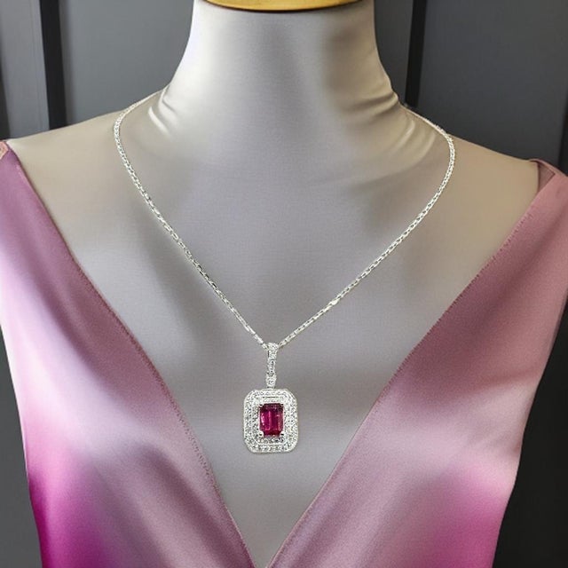 Diamond Rubellite Tourmaline Necklace 18" 18k Gold 1.80 TCW Certified For Sale - Image 9 of 16