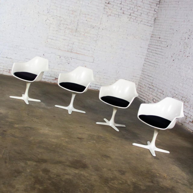 Mid-20th Century Mid Century Modern Burke Tulip Swivel No 116 Armchairs White Shell Black Cushions Set of 4 For Sale - Image 17 of 18