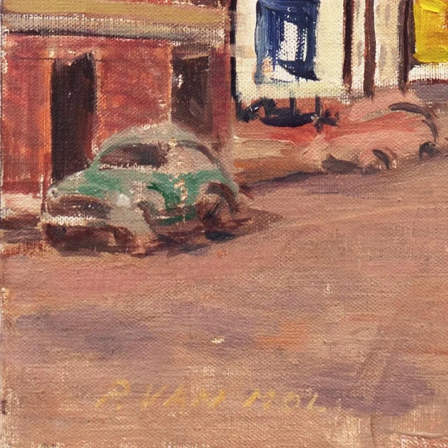 A muted, mid-century oil on canvas view of a street scene in Brussels with vintage cars parked and a group of people...