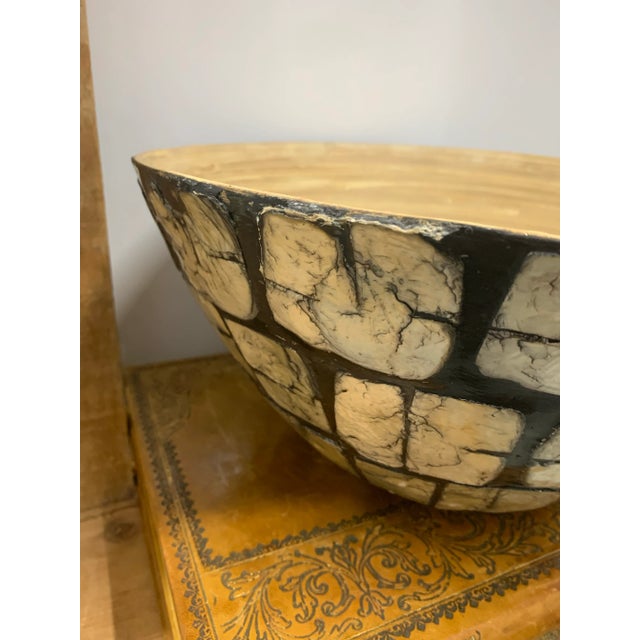 1980’s Vintage Bamboo Bowl With Black Lacquer & Capiz Shell Exterior