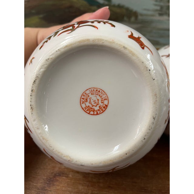 Pair of Vintage Japanese Porcelain Vases With Gilt Bird and Floral Decoration, Decorated in Hong Kong For Sale - Image 10 of 11