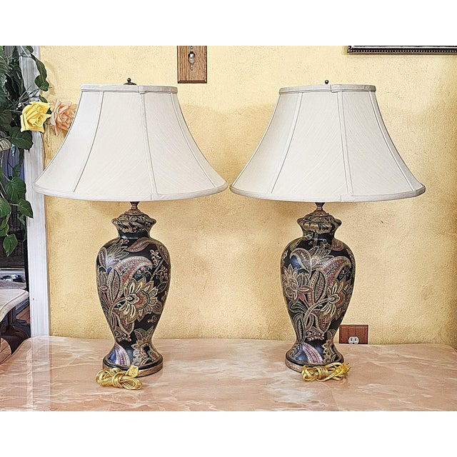 Pair of Bradburn Gallery Hand-Painted Floral Ceramic Table Lamps With Shades For Sale - Image 4 of 18