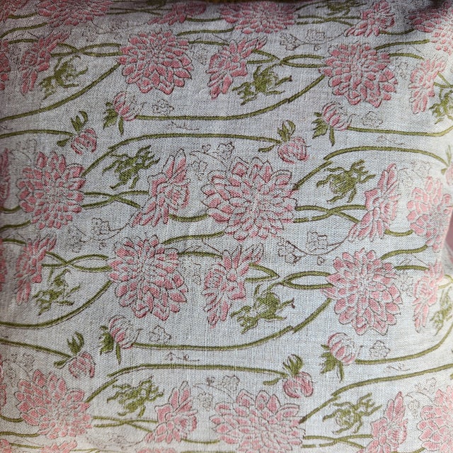 A quality pillow made from hand block printed linen in softly faded colors. Fully lined, hidden zipper. Feather/down...