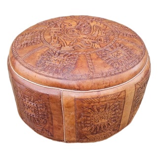1990s Vintage Leather Peruvian Embossed Ottoman Cover Hippie Drum Stool For Sale