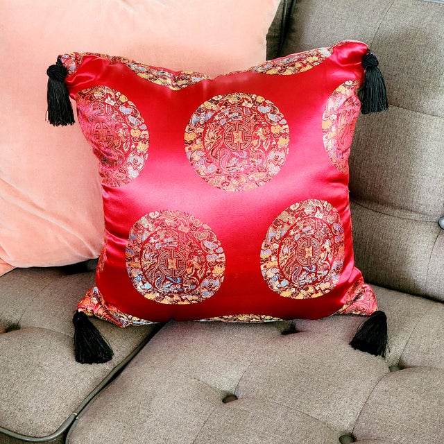 Asian Red Satin Silk Jacquard Decorative Knotted Tassel Pillow For Sale - Image 9 of 9