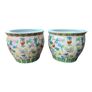 Vintage Vintage Pink, Green and White Chinoiserie Fish Bowl Planters - Set of 2 For Sale