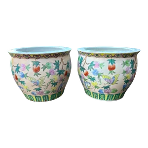 Vintage Vintage Pink, Green and White Chinoiserie Fish Bowl Planters - Set of 2
