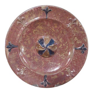 Antique Spanish Terra Cotta Lustreware Plate With Blue Fleur De Lis Detail From Manises, Valencia For Sale