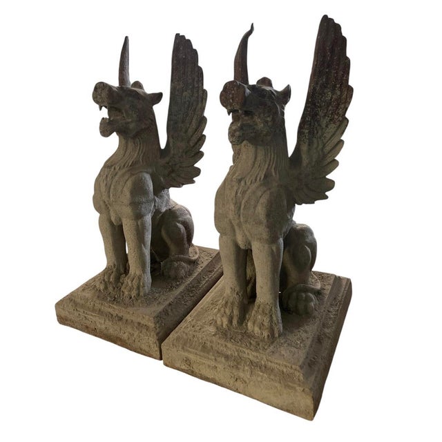 Neoclassical Pair of Monumental Neoclassical Cast Iron Winged Griffin Statues For Sale - Image 3 of 12