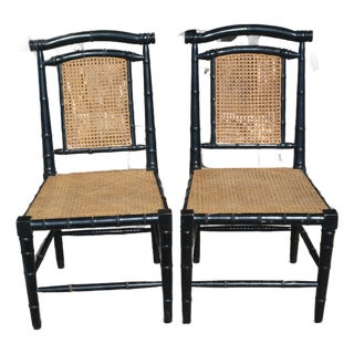 Pair Black Bamboo & Cane Colonial Noir Side / Dining Chairs For Sale